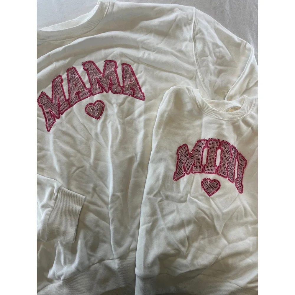 Mama Mini Matching‎ Sweatshirt Set White Rhinestone Heart Sparkle Pink Sz S L